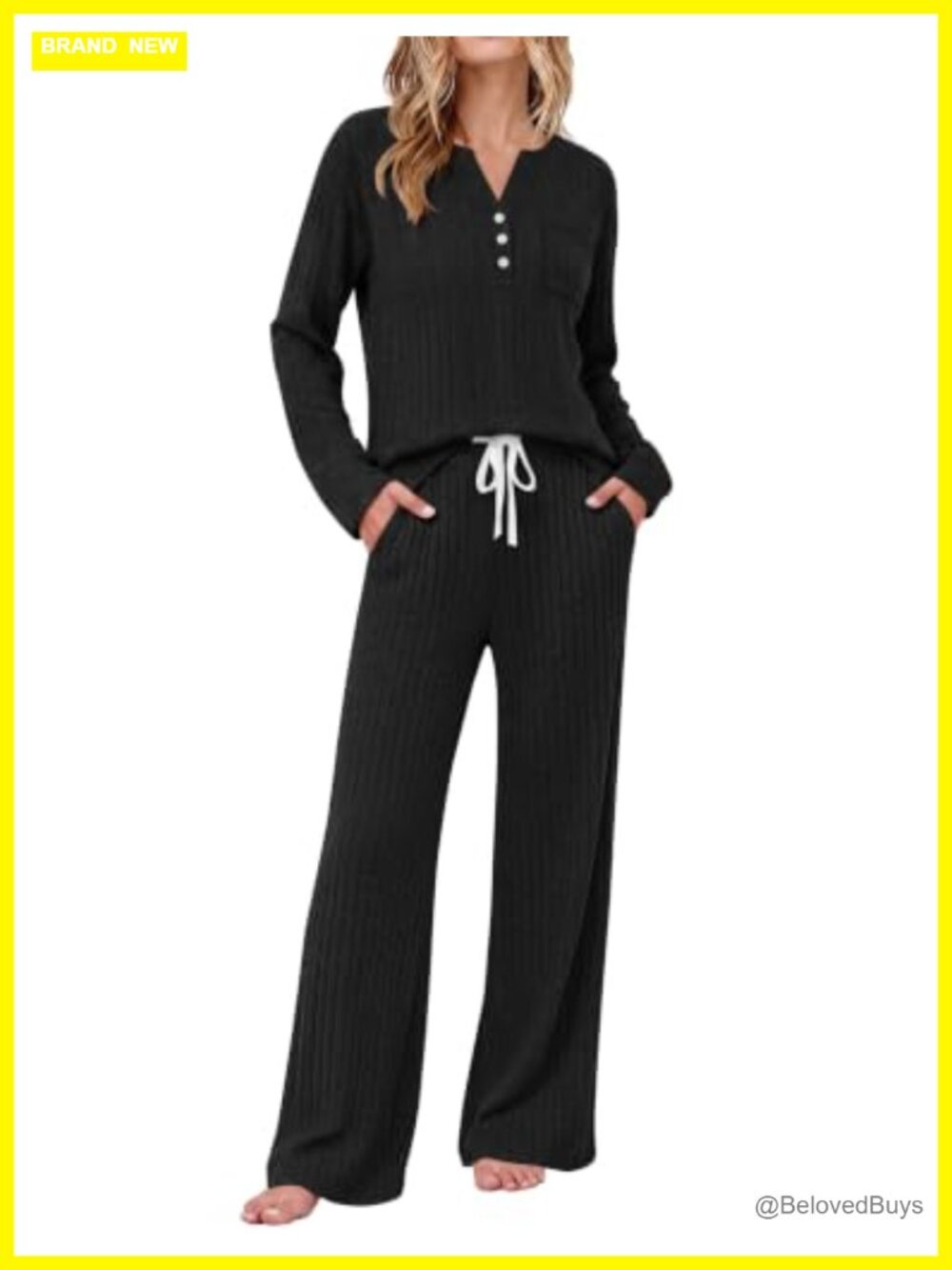 Women's 2 Piece Lounge Set Long Sleeve Ribbed Knit Pajama Set
